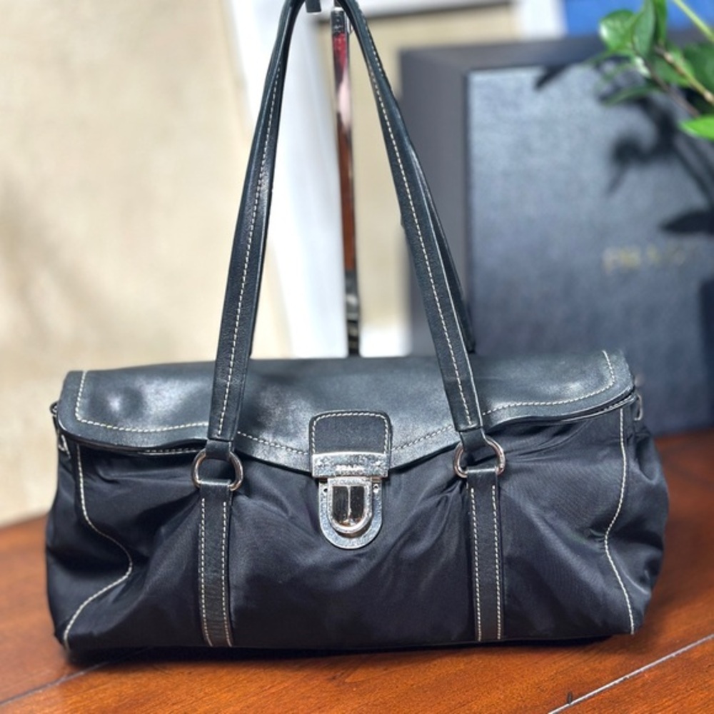 AUTHENTIC Prada Tessuto Nylon Vitello Foldover
Pushlock Satchel. Color: Black.